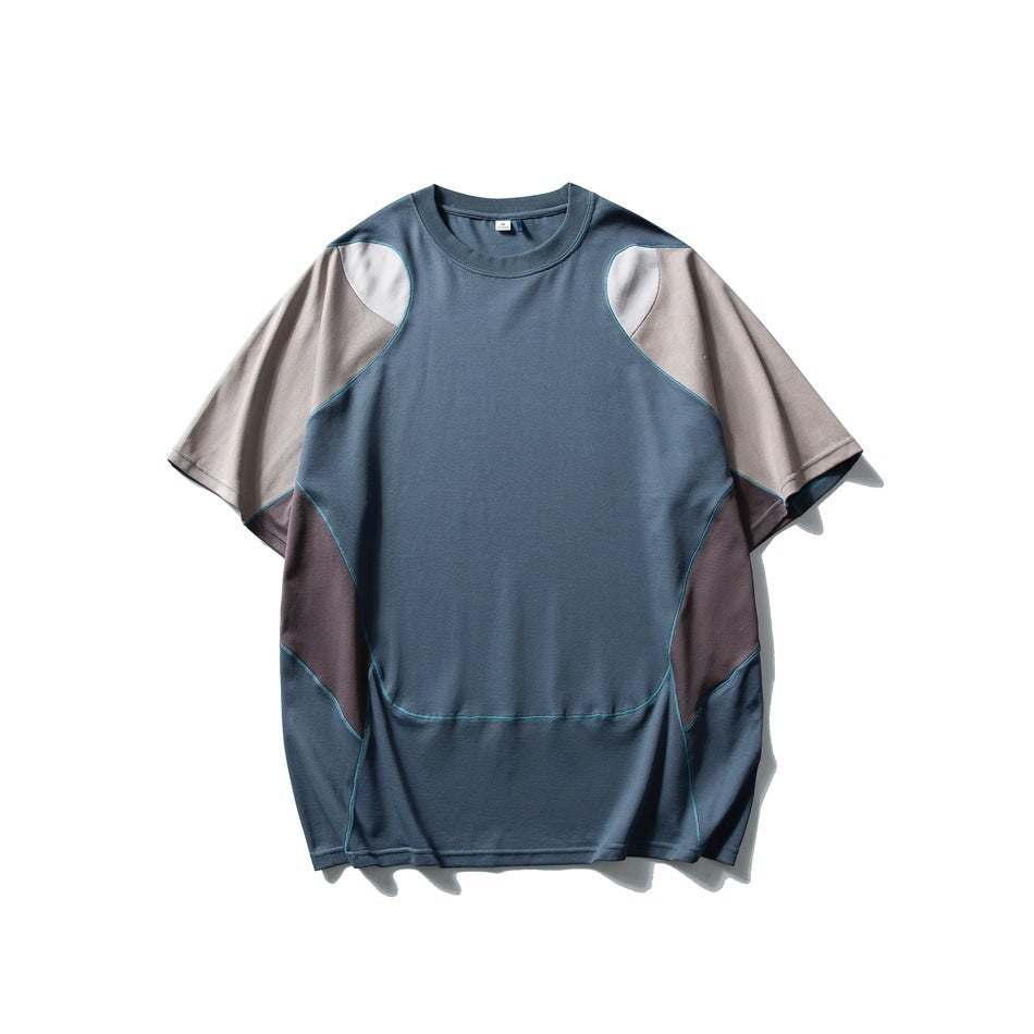 Men's Patchwork Contrast Color Sports T-shirt Loose Short Sleeve