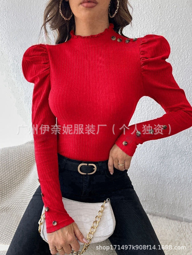 Bubble Sleeve Slim Leopard Buckle Personality Ruffled Top