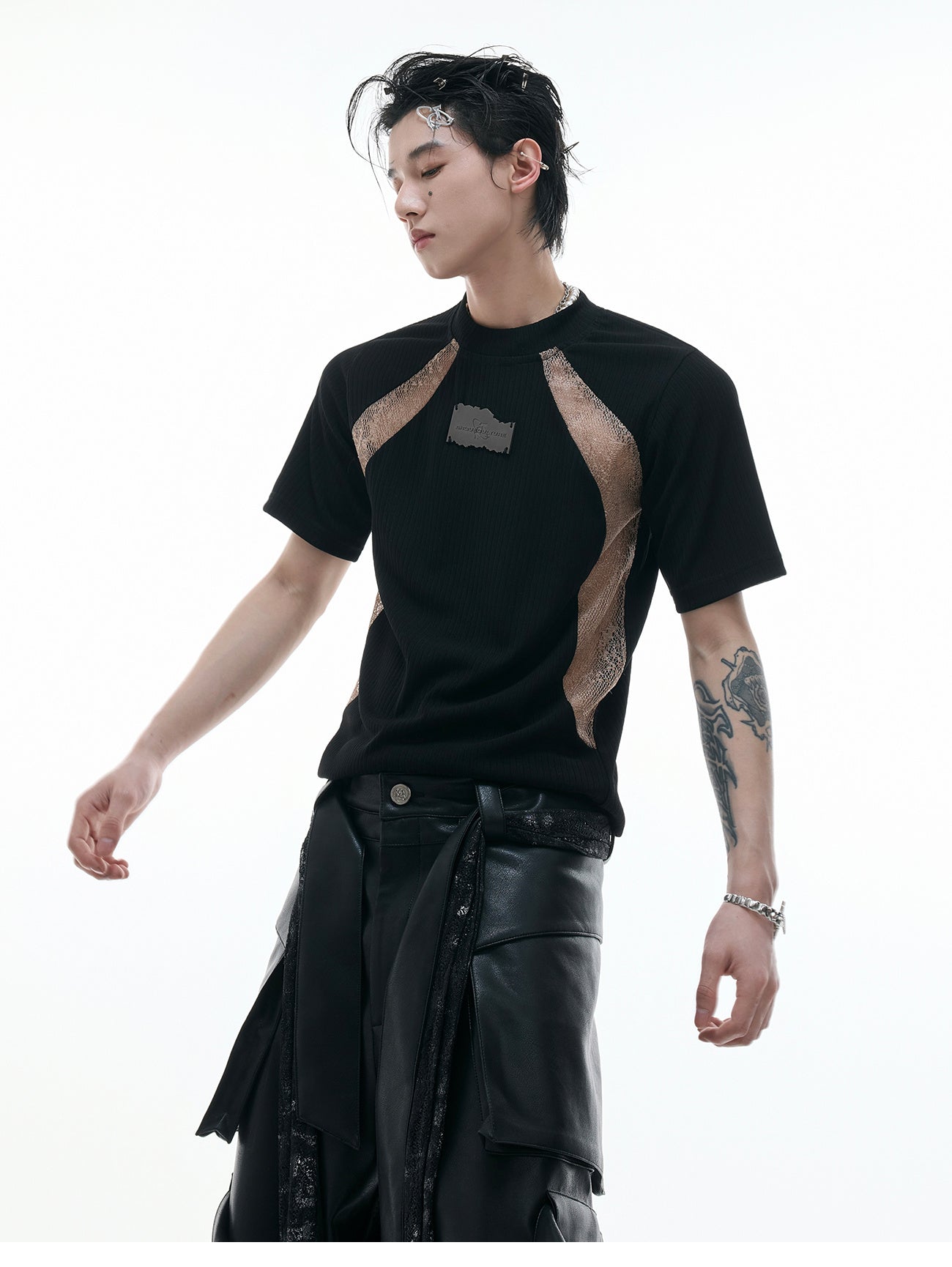 Niche Deconstruction Contrast Color Retro Short-sleeved Slim-fit Pit Texture Bottoming Shirt