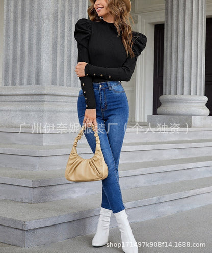 Bubble Sleeve Slim Leopard Buckle Personality Ruffled Top