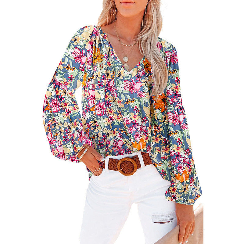 Women's Floral Chiffon Shirt Loose V-neck Casual Top