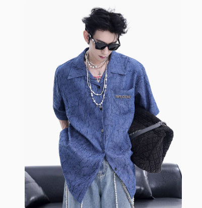 Niche Design Pleated Textured Short Shirt Men's Tops