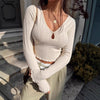 V-neck Fungus Long Sleeve Elegant Slim-fit Hollow-out Knitted Short Pullover Top