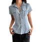 Hot Girl Plaid Short Sleeve Button Shirt Women's Clothing