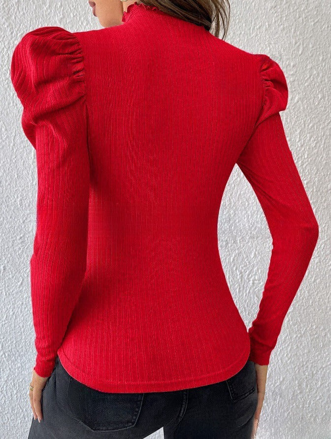 Bubble Sleeve Slim Leopard Buckle Personality Ruffled Top