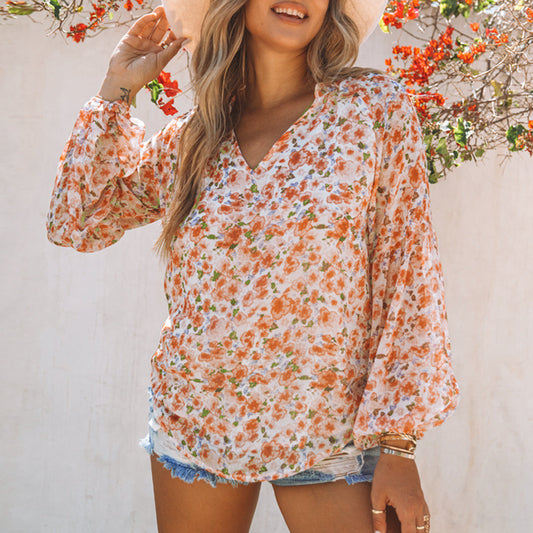 Women's Floral Chiffon Shirt Loose V-neck Casual Top