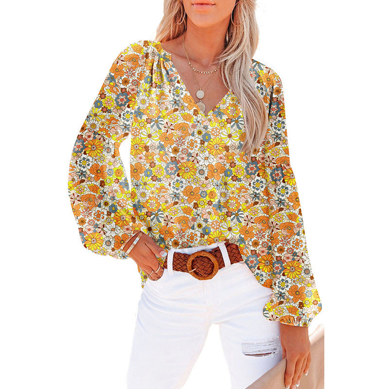 Women's Floral Chiffon Shirt Loose V-neck Casual Top
